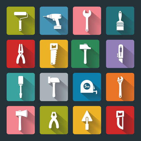 House remodel: set of vector design flat working tools icons, white on colored basis with long shadowのイラスト素材