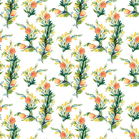 Seamless vector pattern with watercolor floral elements. Hand drawn ornament with blue flowers.  Perfect for greetings, invitations, manufacture wrapping paper, textile, web design.のイラスト素材