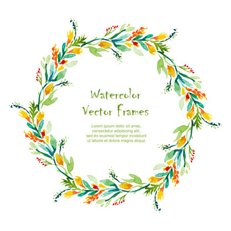 Vector round frame with watercolor  flowers on white background. Place for your text. Perfect for greetings, invitations, announcement, web design.のイラスト素材