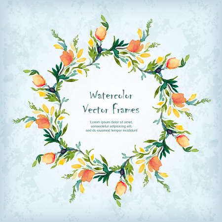 Vector round frame with watercolor  flowers. Place for your text. Perfect for greetings, invitations, announcement, web design.のイラスト素材