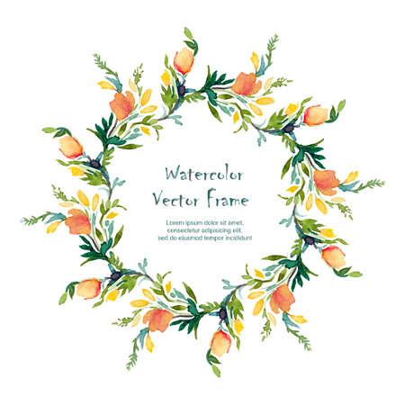 Vector round frame with watercolor  flowers on white background. Place for your text. Perfect for greetings, invitations, announcement, web design.のイラスト素材