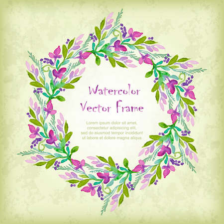 Vector round frame with watercolor  flowers on white background. Place for your text. Perfect for greetings, invitations, announcement, web design.のイラスト素材