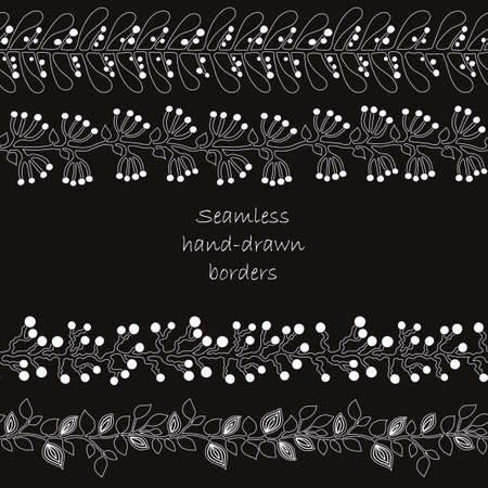 Set of seamless hand drawn floral borders on black background. Perfect for greetings, invitations, save the date, wedding card, announcement, web design.のイラスト素材