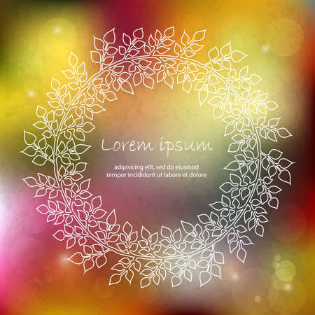 Hand drawn floral frame on a blurred vector background with lights and a place for your text. Perfect for greetings, invitations, save the date, wedding card, announcement, web design.のイラスト素材