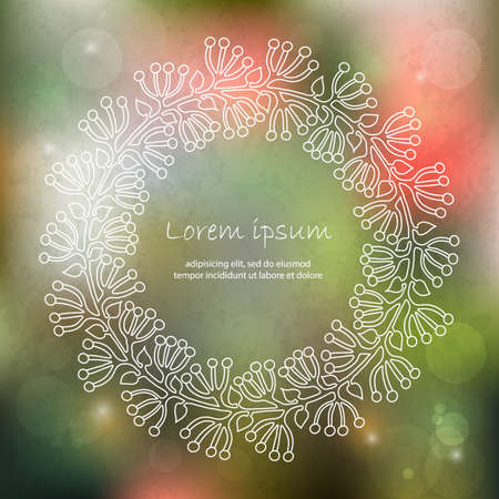 Hand drawn floral frame on a blurred vector background with lights and a place for your text. Perfect for greetings, invitations, save the date, wedding card, announcement, web design.のイラスト素材