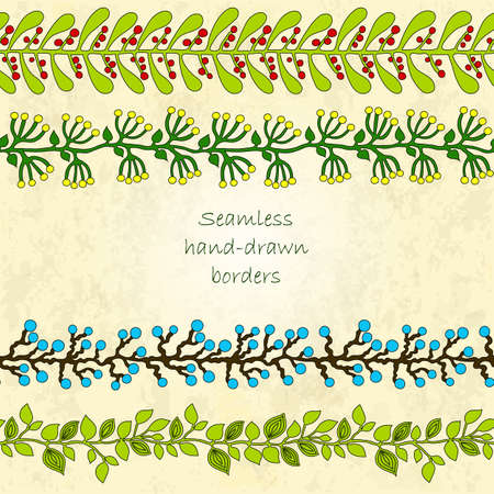 Set of seamless hand drawn floral borders on vintage background. Perfect for greetings, invitations, save the date, wedding card, announcement, web design.のイラスト素材
