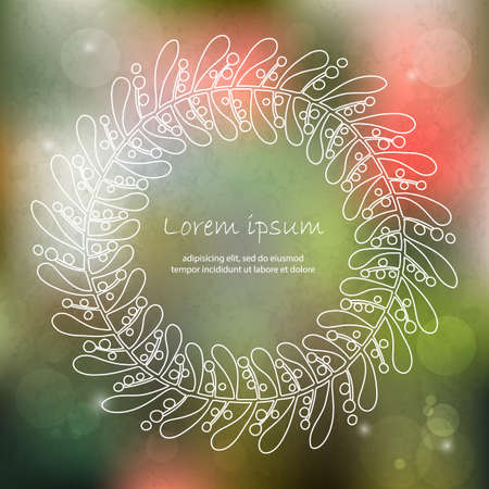 Hand drawn floral frame on a blurred vector background with lights and a place for your text. Perfect for greetings, invitations, save the date, wedding card, announcement, web design.のイラスト素材