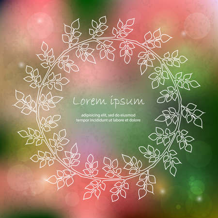 Hand drawn floral frame on a blurred vector background with lights and a place for your text. Perfect for greetings, invitations, save the date, wedding card, announcement, web design.のイラスト素材