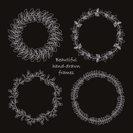 Set of round hand drawn floral frames on a black background. Romantic wreath with place for your text. Perfect for greetings, invitations, save the date, wedding card, announcement, web design.のイラスト素材