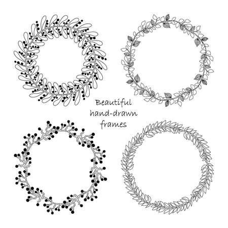 Set of round hand drawn floral frames on white background. Romantic wreath with place for your text. Perfect for greetings, invitations, save the date, wedding card, announcement, web design.のイラスト素材