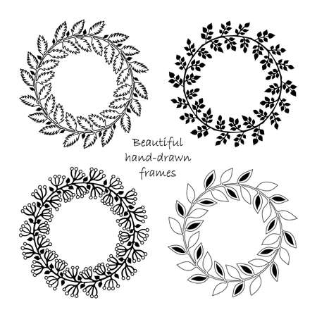 Set of round hand drawn floral frames on a black background. Romantic wreath with place for your text. Perfect for greetings, invitations, save the date, wedding card, announcement, web design.のイラスト素材