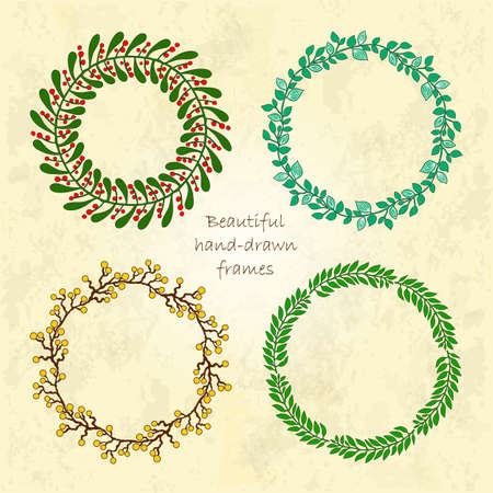 Set of round hand drawn floral frames on vintage background. Romantic wreath with place for your text. Perfect for greetings, invitations, save the date, wedding card, announcement, web design.のイラスト素材