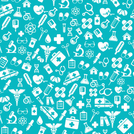 Seamless pattern with vector Medical Icons in flat style. Medical white icons on blue backgound for your design.のイラスト素材