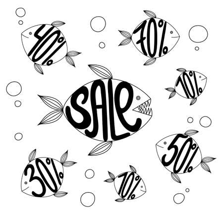 Sale poster with hand drawn lettering and percent discount on cute fishes. Typography Vector Background. Handmade calligraphy.のイラスト素材