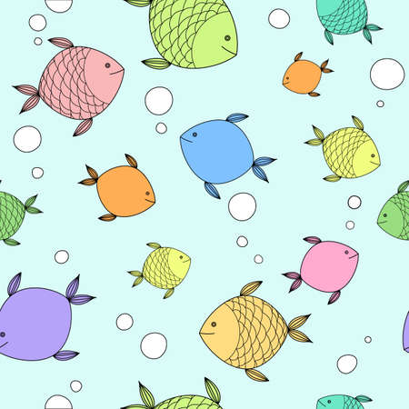 Seamless pattern with hand drawn cute fishes. Perfect for manufacture wrapping paper, textile, web design.のイラスト素材