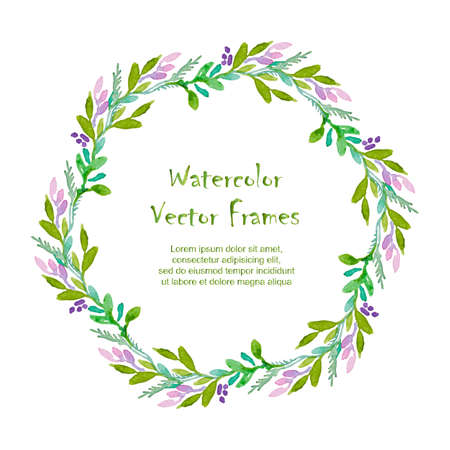 Vector round frame with watercolor  flowers on white background. Place for your text. Perfect for greetings, invitations, announcement, web design.のイラスト素材