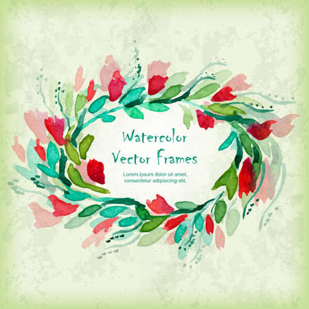 Vector round frame with watercolor  flowers. Place for your text. Perfect for greetings, invitations, announcement, web design.のイラスト素材
