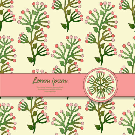 Vector card with seamless floral pattern and ribbon. Ornament with branches and berries. Place for your text. Perfect for greetings, invitations, save the date, wedding card, announcement, web design.のイラスト素材