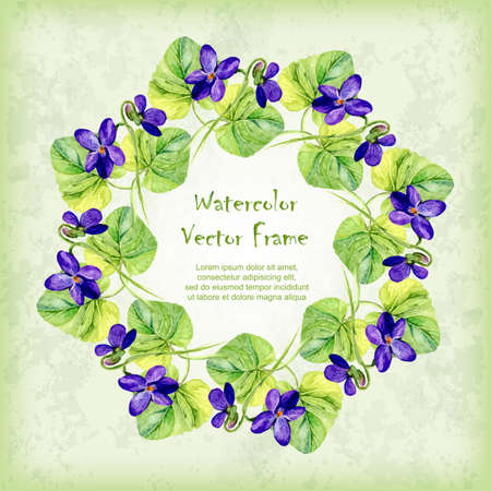 Vector round frame with watercolor violet on vintage background. Place for your text. Perfect for greetings, invitations, save the date, wedding card, announcement, web design.のイラスト素材