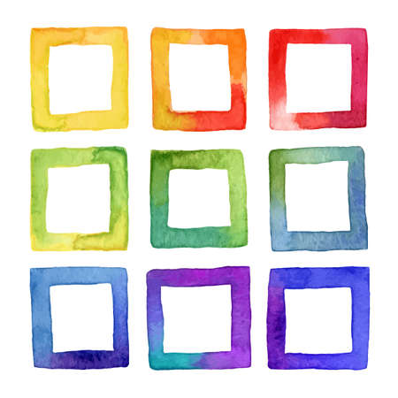 Set of vector colorful watercolor squares for your design. Watercolor design elements isolated on white background.のイラスト素材