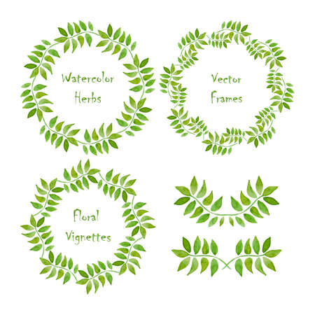 Set of round frames and vignettes made of watercolor branches. Hand-painted watercolor elements isolated on white. Perfect for greetings, invitations, announcement,  save the date, wedding, web designのイラスト素材