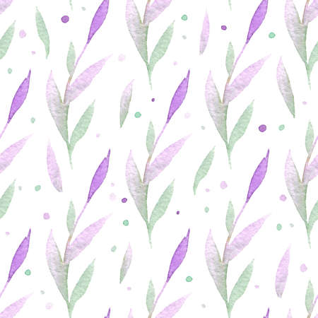 Seamless vector pattern with watercolor floral elements and drops. Hand drawn ornament with herbs.  Perfect for greetings, invitations, manufacture wrapping paper, textile, web design.のイラスト素材