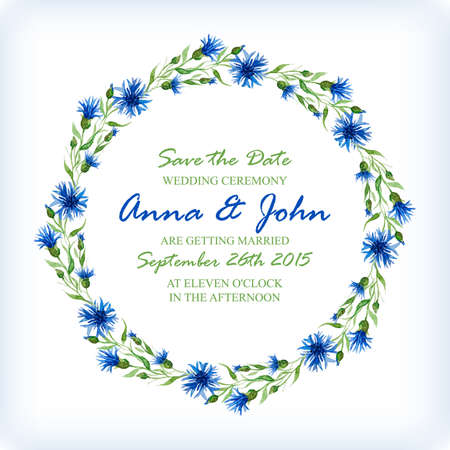Wedding invitation design template with watercolor floral circular frame. Vector background for special occasions & life events. Save the date.のイラスト素材