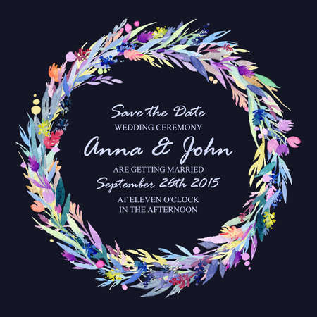 Wedding invitation design template with watercolor floral circular frame. Vector background for special occasions & life events. Save the date.のイラスト素材