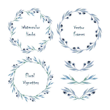 Set of round frames and vignettes made of watercolor branches. Hand-painted watercolor elements isolated on white. Perfect for greetings, invitations, announcement,  save the date, wedding, web designのイラスト素材