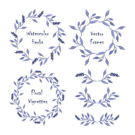 Set of round frames and vignettes made of watercolor branches. Hand-painted watercolor design elements isolated on white. Perfect for greetings, invitations, announcement,  save the date, wedding card, web design.のイラスト素材