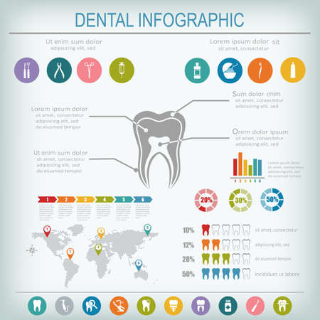 Dental and teeth care infographics. Tooth treatment, prevention and prosthetics. Set of flat vector dental icons.のイラスト素材