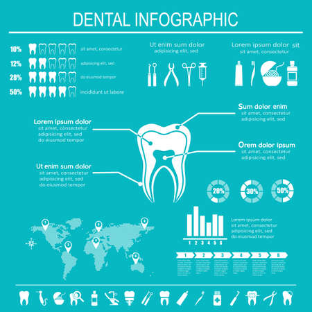 Dental and teeth care infographics. Tooth treatment, prevention and prosthetics. Set of flat vector dental icons.のイラスト素材