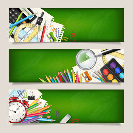 Vector set of three back to school horizontal banners. Templates with supplies tools on chalkboard. Place for your text. Layered realistic vector illustration.のイラスト素材