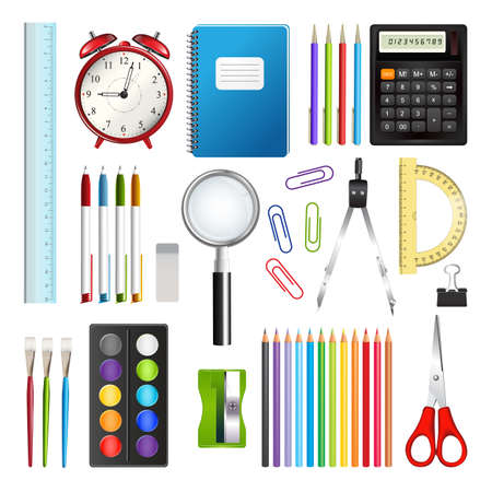 Set of school supplies isolated on white background. Realistic vector illustration.のイラスト素材