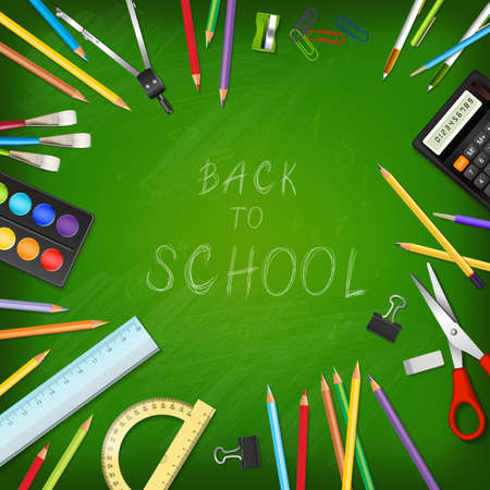 Back to school background with supplies tools on board. Place for your text. Layered realistic vector illustration.のイラスト素材
