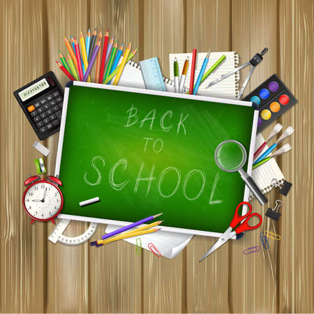 Back to school background with supplies tools and chalkboar on wood background. Place for your text. Chalky lettering. Layered realistic vector illustration.のイラスト素材
