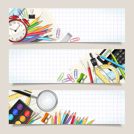 Vector set of three back to school horizontal banners. Templates with supplies tools on sheet in a cage. Place for your text. Layered realistic vector illustration.のイラスト素材