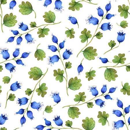 Seamless vector pattern with watercolor blue bell-flowers. Hand drawn ornament with herbs.  Perfect for greetings, invitations, manufacture wrapping paper, textile, web design.のイラスト素材