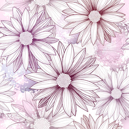 Vector seamless pattern with hand-drawn flowers and imitation of watercolor spots. Background with purple and pink Arctotis. Vintage style. Perfect for manufacture wrapping paper, textile, web design.のイラスト素材