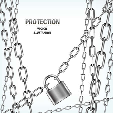 Padlock and many chains isolated on white background. Concept of protection. Security design. Vector realistic illustration.のイラスト素材