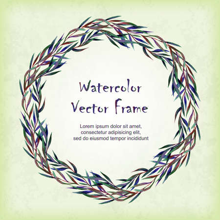 Vector round frame with watercolor branches. Hand drawn ornament with herbs. Place for your text. Perfect for greetings, invitations, announcement, web design.のイラスト素材