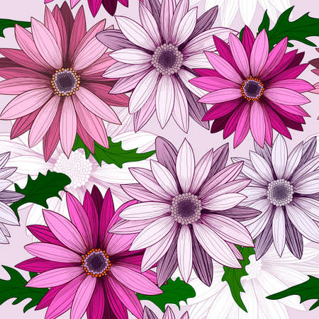 Vector seamless pattern with hand-drawn flowers. Background with purple and pink Arctotis. Vintage style. Perfect for manufacture wrapping paper, textile, web design.のイラスト素材