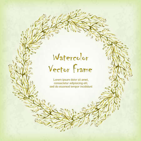 Vector round frame with watercolor golden lacy herbs. Hand drawn ornament with thin branches. Place for your text. Perfect for greetings, invitations, announcement, web design.のイラスト素材