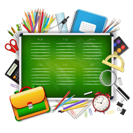 School timetable on green classroom chalkboard with supplies tools. School hand drawn schedule. Layered realistic vector illustration.のイラスト素材