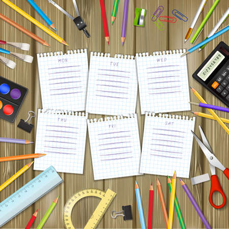 School timetable on sheets of checkered paper with supplies tools on wood background. School hand-drawn schedule on notepad pages. Layered realistic vector illustration.のイラスト素材