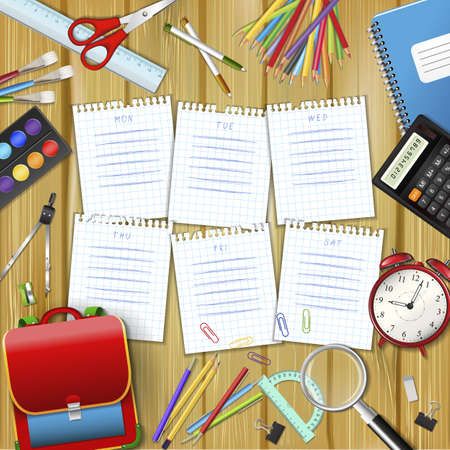 School timetable on sheets of checkered paper with supplies tools on wood background. School hand-drawn schedule on notepad pages. Layered realistic vector illustration.のイラスト素材