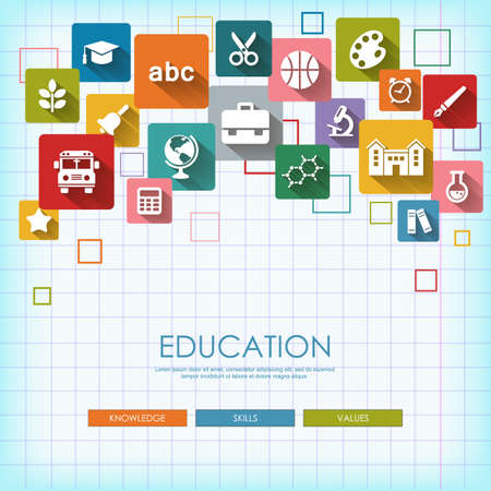 Background with vector School and Education flat icons, white on colored basis with long shadow. Education background on notepad pageのイラスト素材