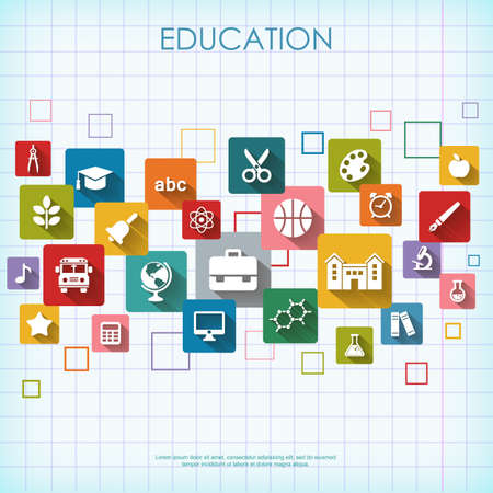 Background with vector School and Education flat icons, white on colored basis with long shadow. Education background on notepad pageのイラスト素材