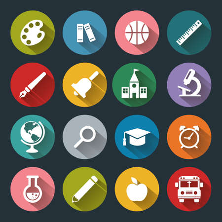 Vector School and Education flat icons, white on colored basis with long shadowのイラスト素材