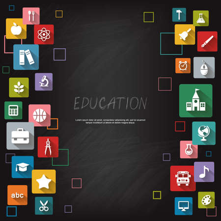 Background with vector School and Education flat icons, white on colored basis with long shadow. Education background on blackboardのイラスト素材